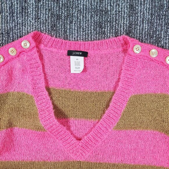 J. CREW Women’s XS Wool Mohair Blend V-Neck Button Shoulder Sweater Pink Striped - Picture 3 of 10
